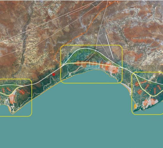 Vista satellitare della costa dell'Angola con indicate le zone di interesse del piano turistico di Sangano e Cabo Lebo