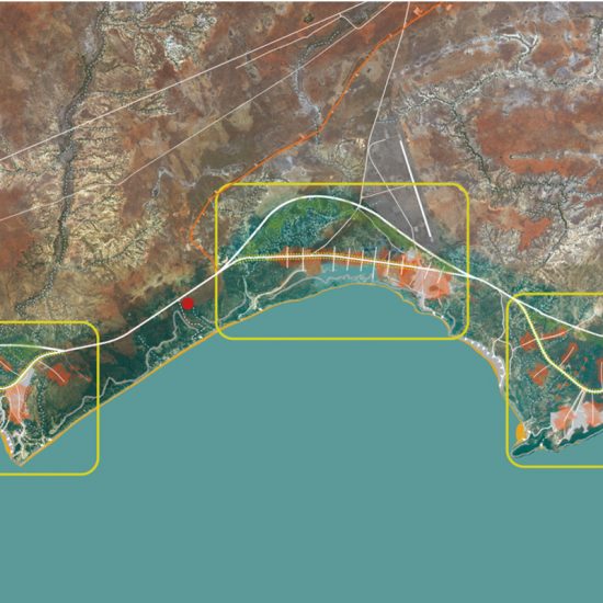 Vista satellitare della costa dell'Angola con indicate le zone di interesse del piano turistico di Sangano e Cabo Lebo