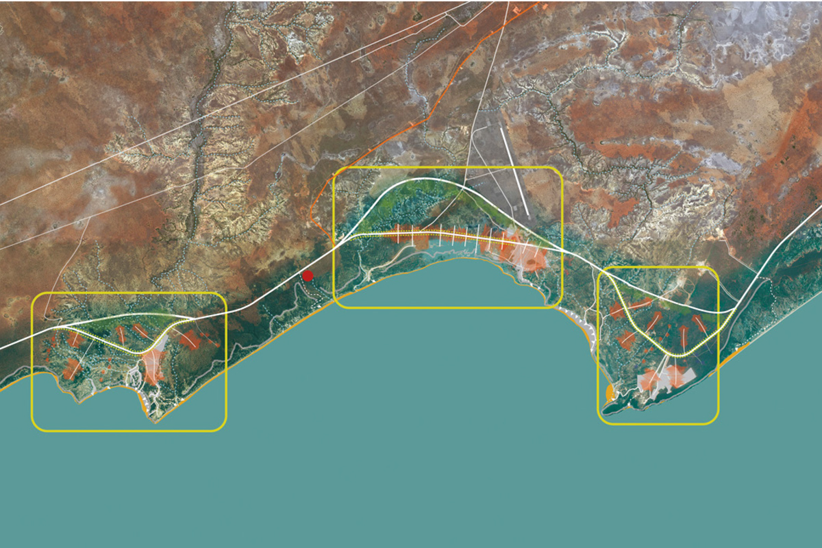 Vista satellitare della costa dell'Angola con indicate le zone di interesse del piano turistico di Sangano e Cabo Lebo